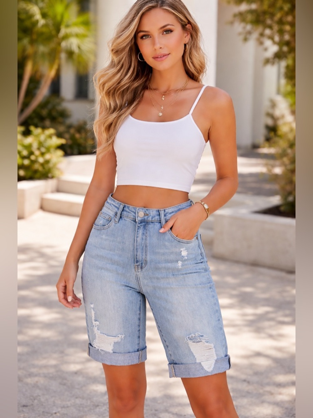 Risen Distressed Bermuda Shorts. Can stay cuffed or uncuff for longer short.